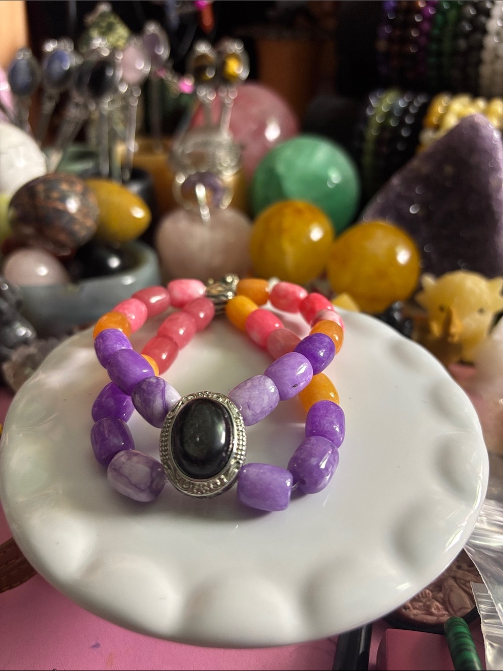 Colorful Purple, Pink & Orange Beaded Bracelet with Silver Obsidian Accent